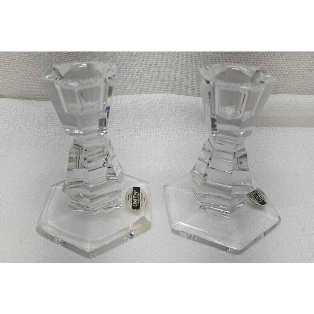 Vintage Rare Oneida Lead Crystal Set 2 Candlesticks Candle Holders - Picture 5 of 12